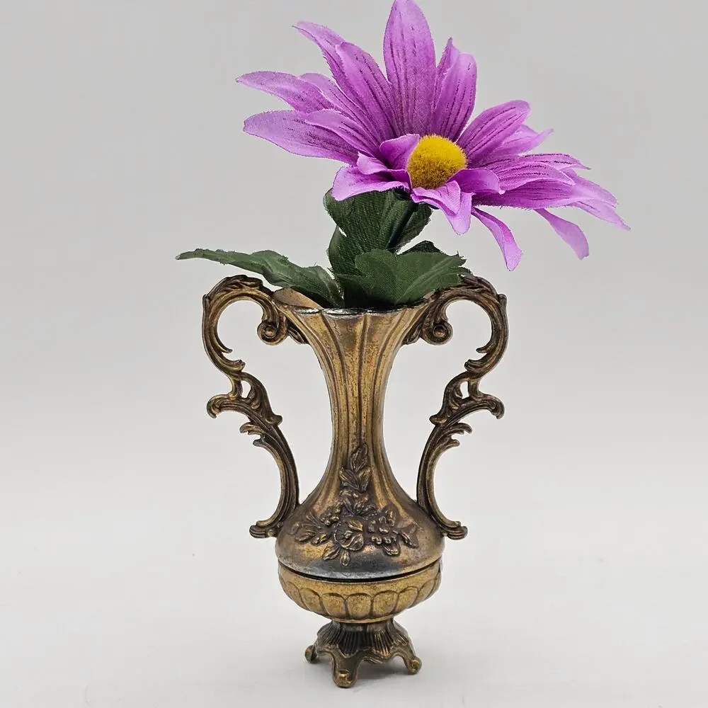 Vintage Italian Metal Bud Vase Gold Tone Ornate Floral Relief Scrolled Handles